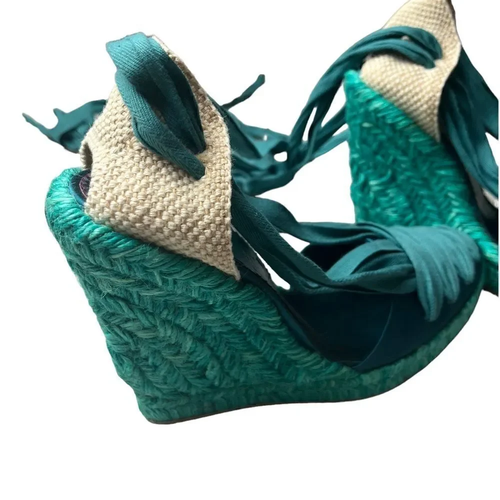 NWOT Emanuel Ungaro FAB Wedge Espadrilles in Teal Silk w/Sexy Lace-Up Design 8